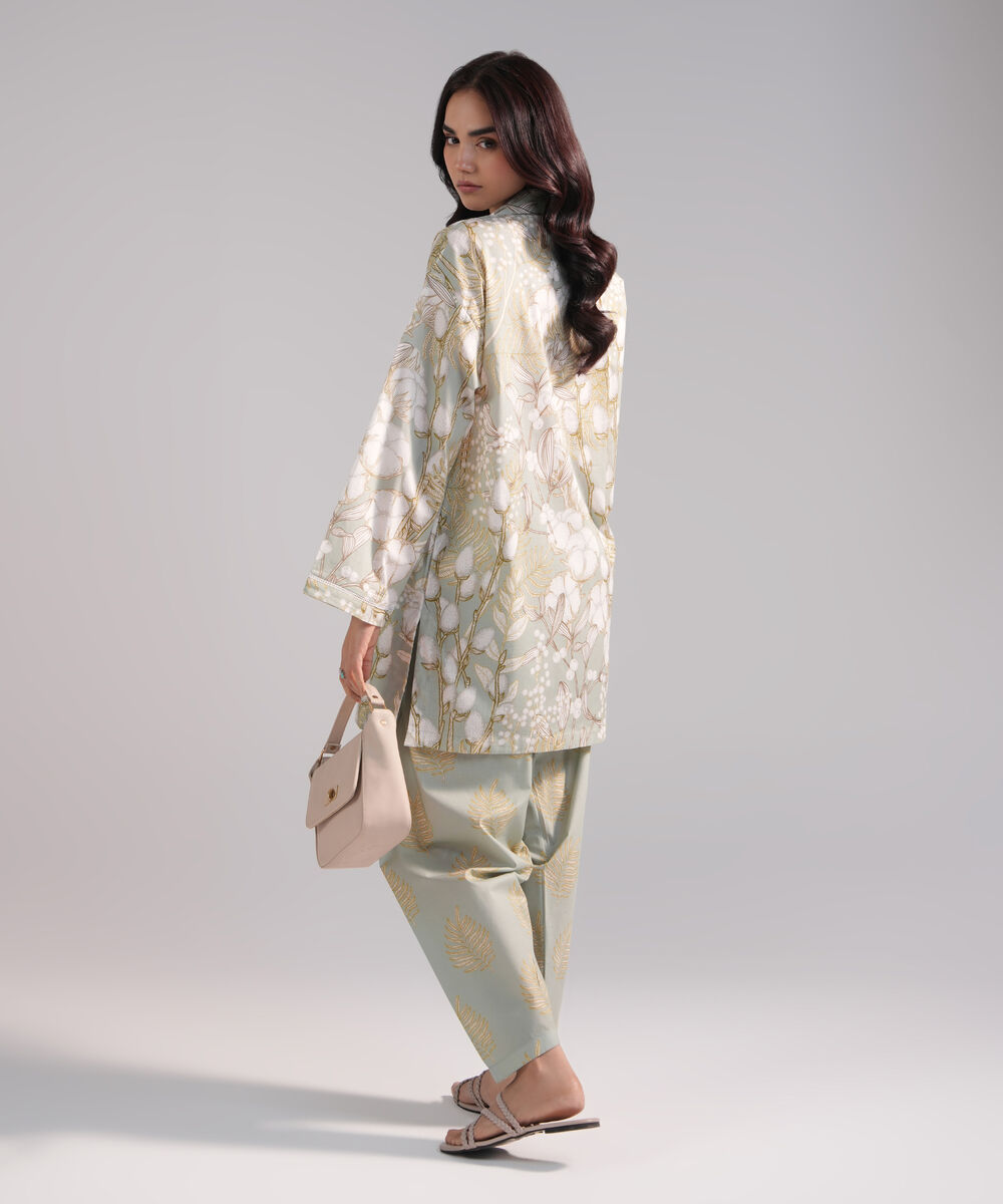 Women's RTW Cambric Printed Green 2 Piece Suit