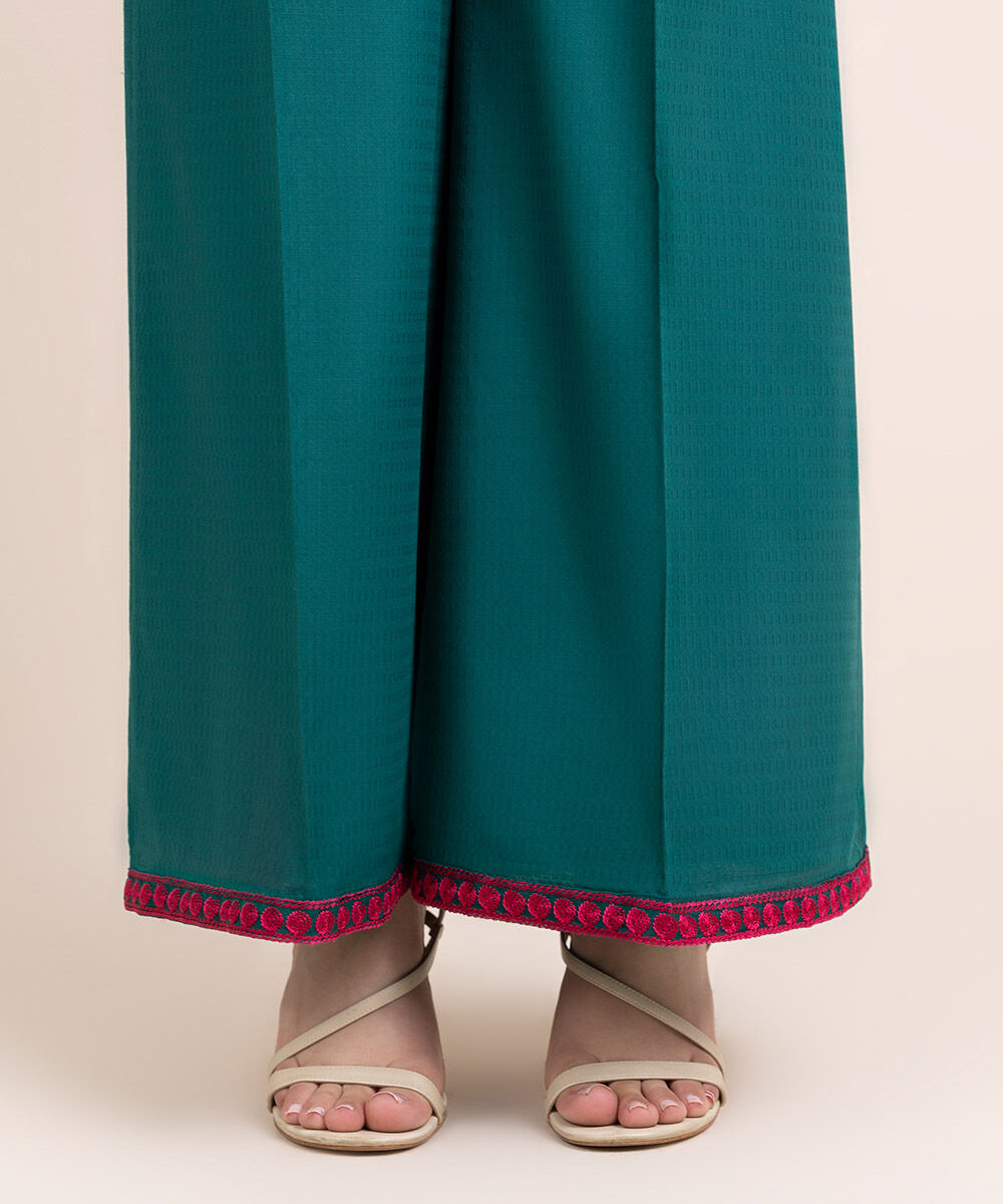 Woman - Green Embroidered Cotton Flared Pants