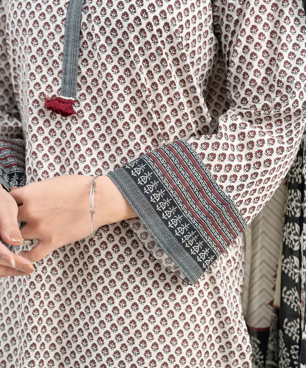 Women's RTW Lawn Printed White 3 Piece Suit