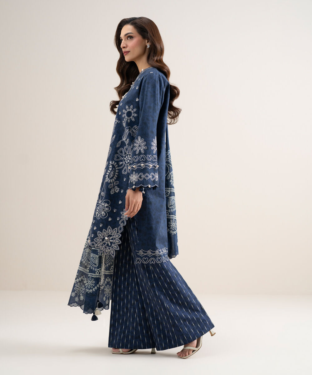 Women's Unstitched Lawn Embroidered Blue 3 Piece Suit