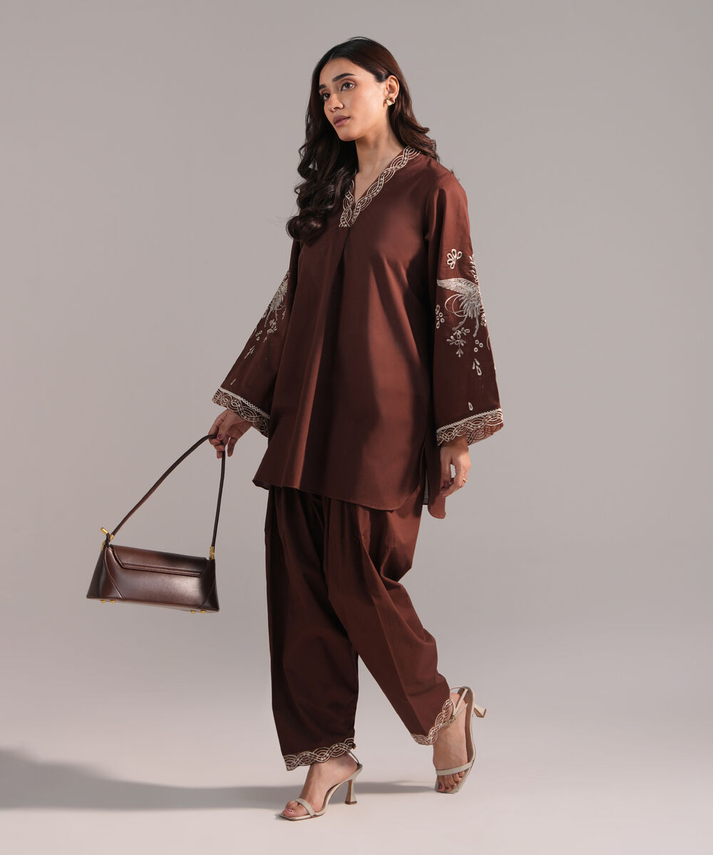 Women's RTW Crosshatch Embroidered Brown Straight Shirt