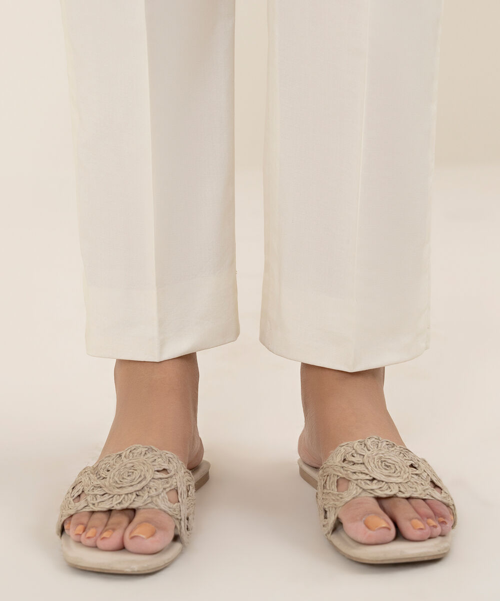 Women's Unstitched Cotton Printed Off White Trousers