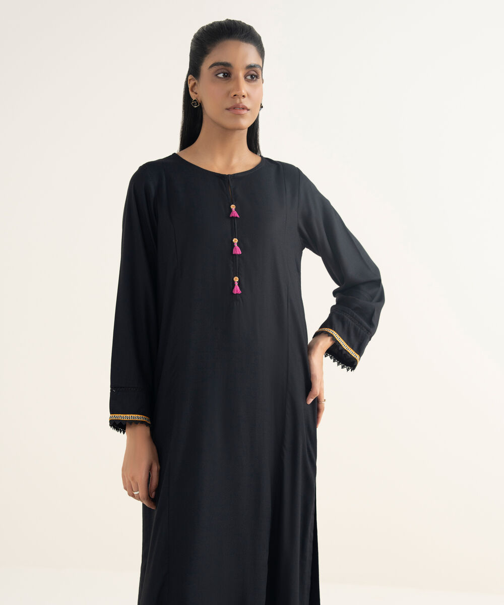 Women's RTW Textured Viscose Solid Black A-Line Shirt