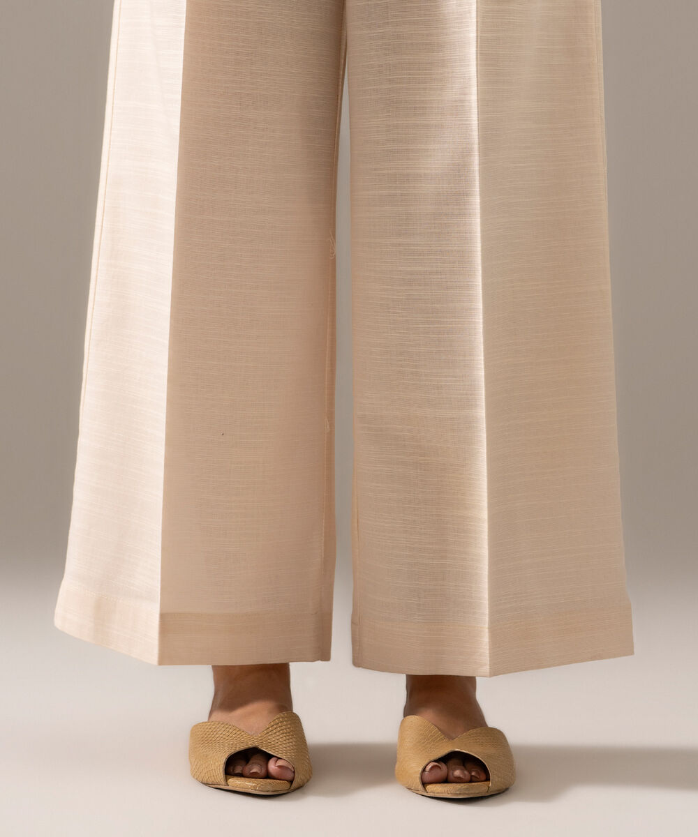 Women's RTW Khaddar Solid Off White Flared Pants