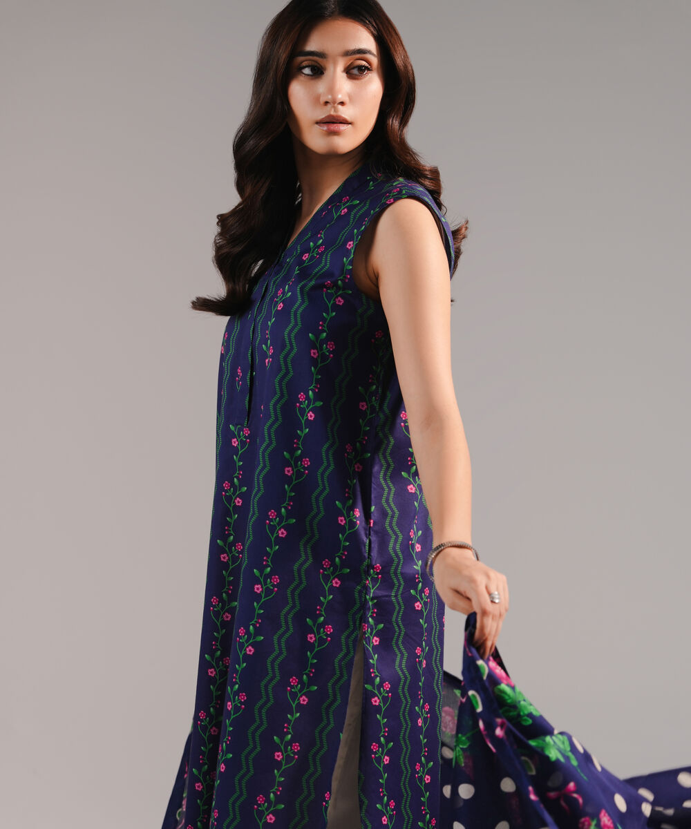 Women's RTW Cotton Viscose Printed Dark Blue 2 Piece Suit