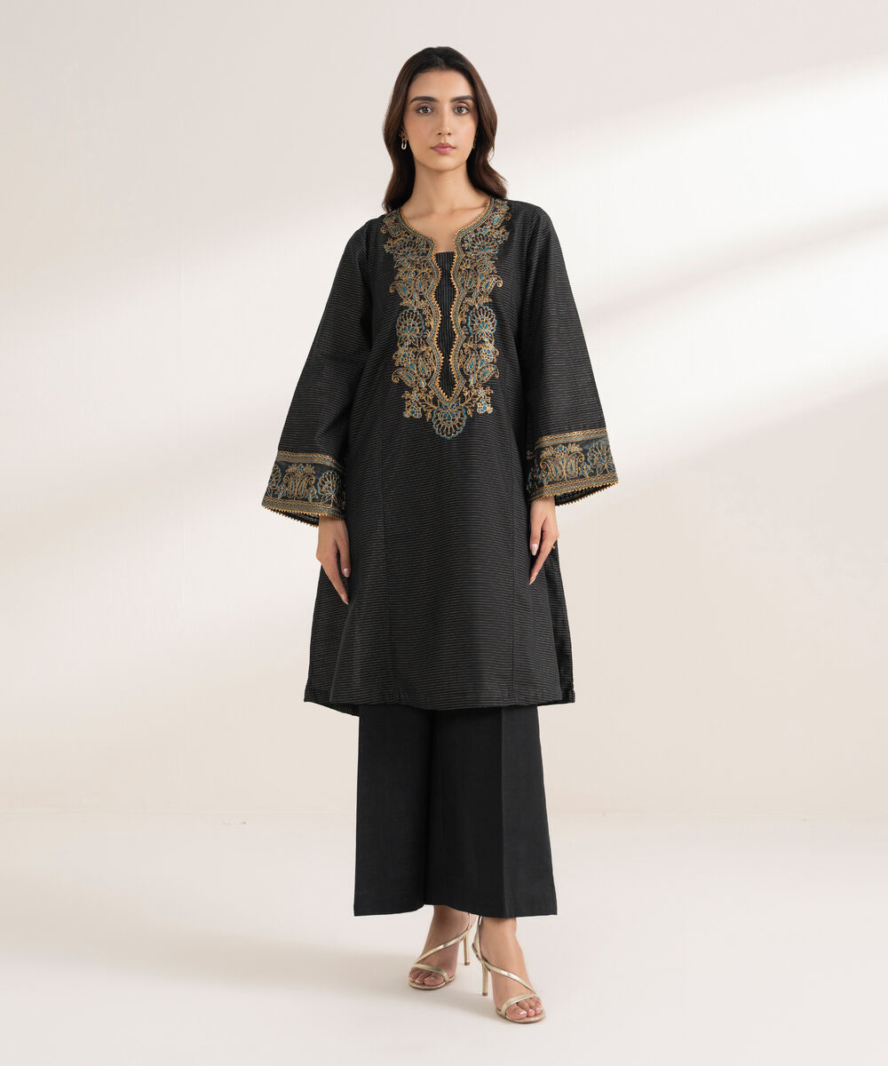 Women's RTW Zari Cotton Embroidered A-Line Black Shirt