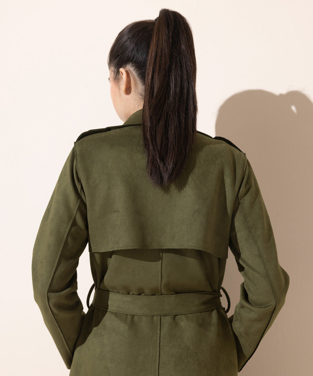 Woman - Green Suede Trench Coat with Belt