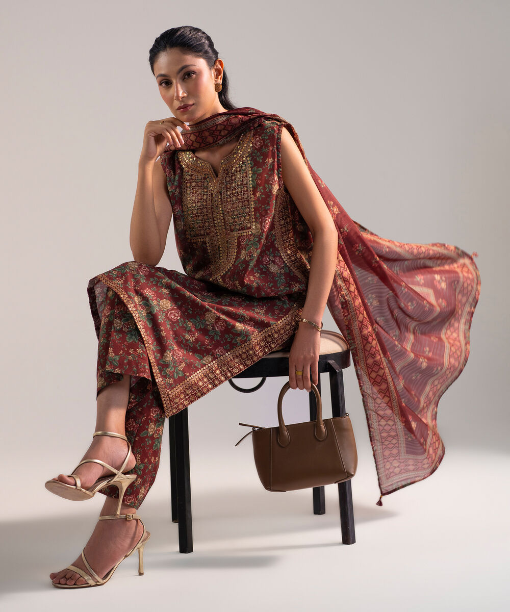 Women's Stitched for You Lawn Red Embroidered 3 Piece Suit