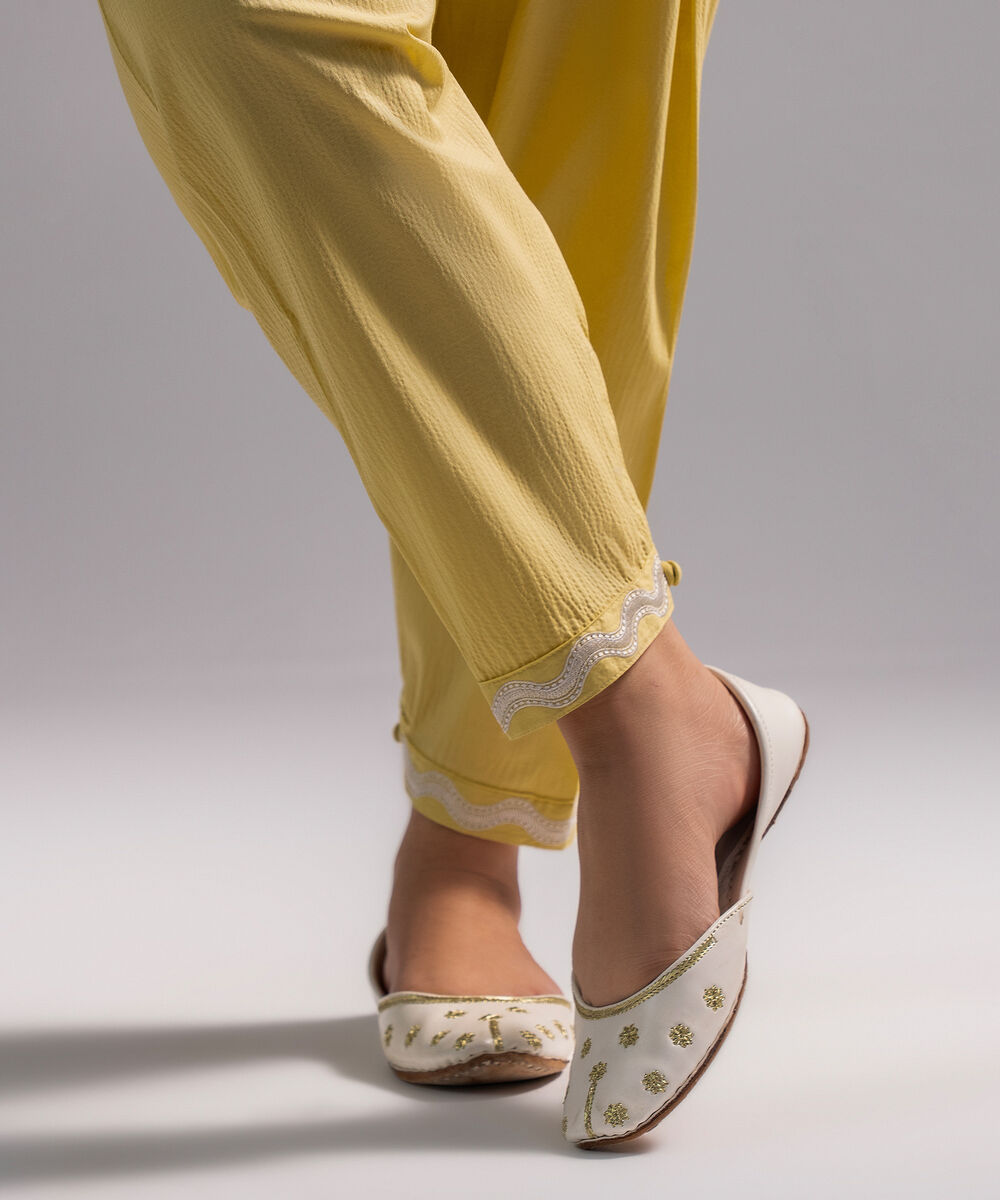Women's RTW Seersucker Solid Yellow Skinny Shalwar