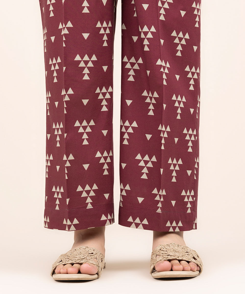 Woman - Red Printed Cambric Straight Pants