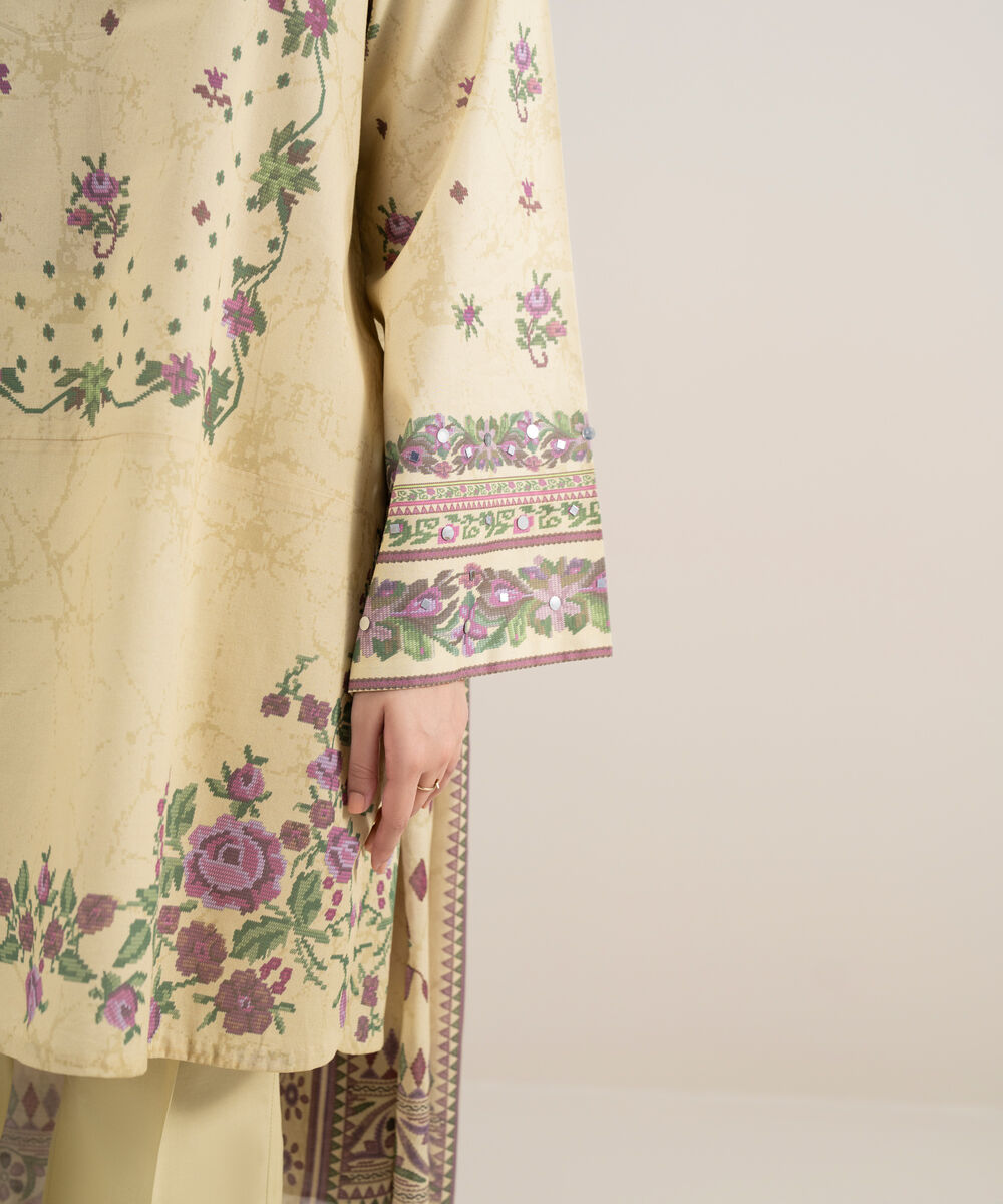 Women's Unstitched Lawn Printed Light Yellow 3 Piece Suit