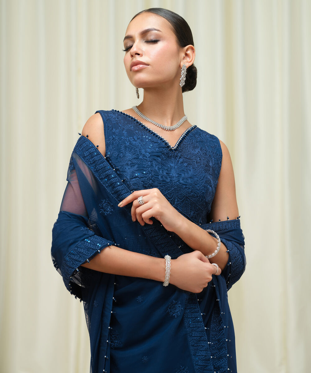 Women's Unstitched Embroidered Net Blue Saree