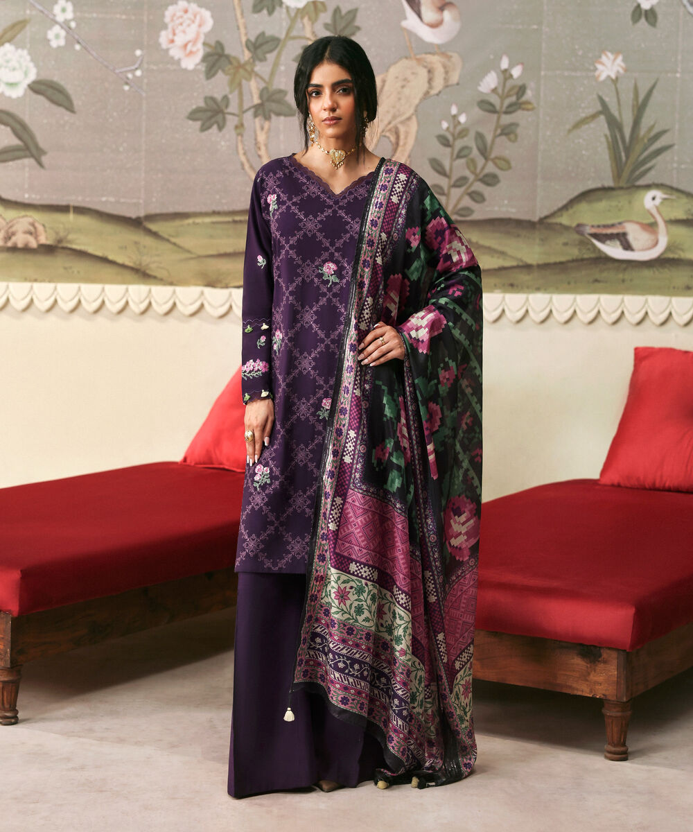 Women's Unstitched Viscose Raw Silk Embroidered Purple 3 Piece Suit