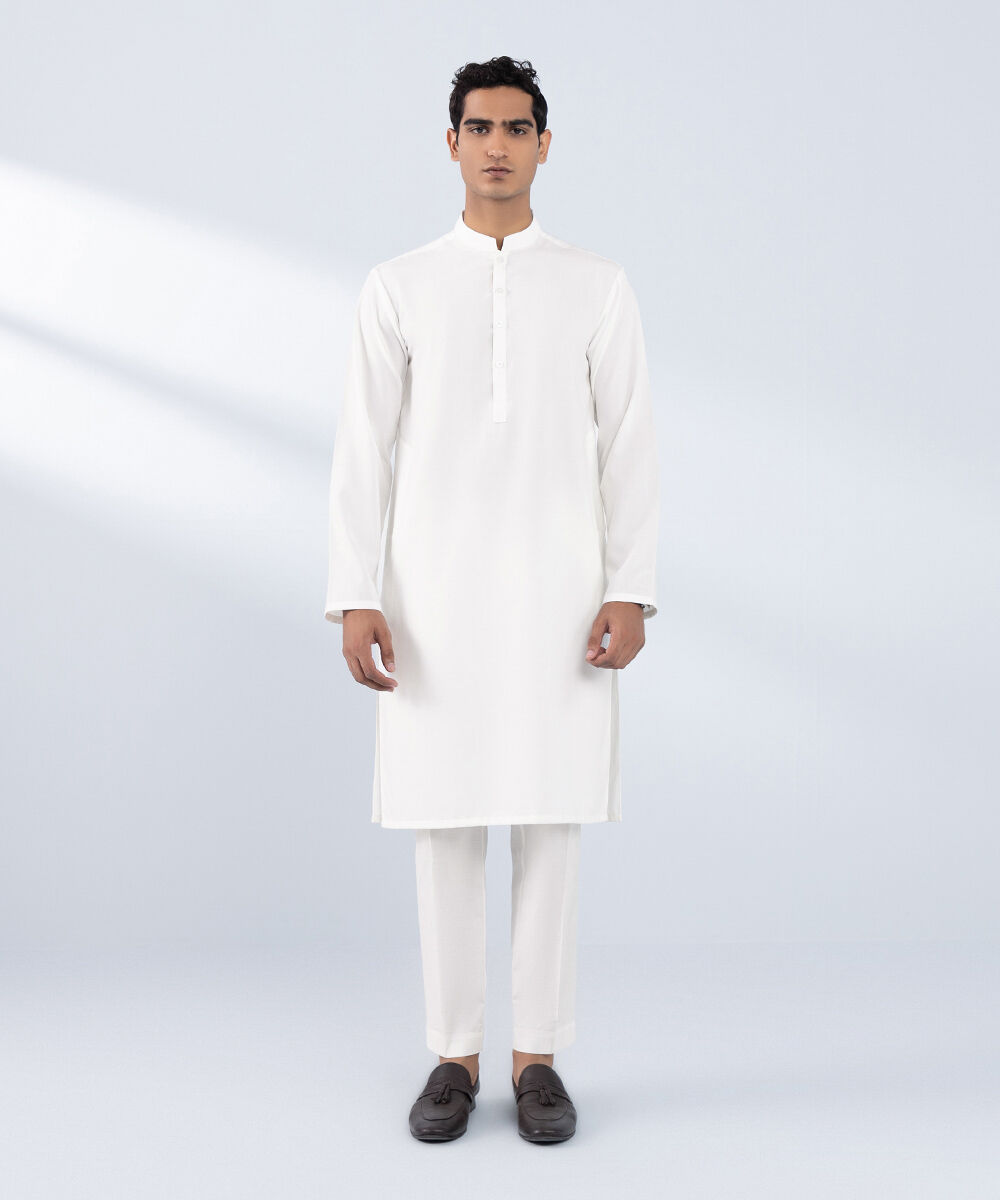 Men's Stitched Embroidered White Wash & Wear Kurta