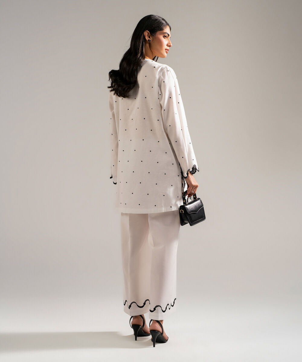Women's RTW Self Jacquard Embroidered White 2 Piece Suit