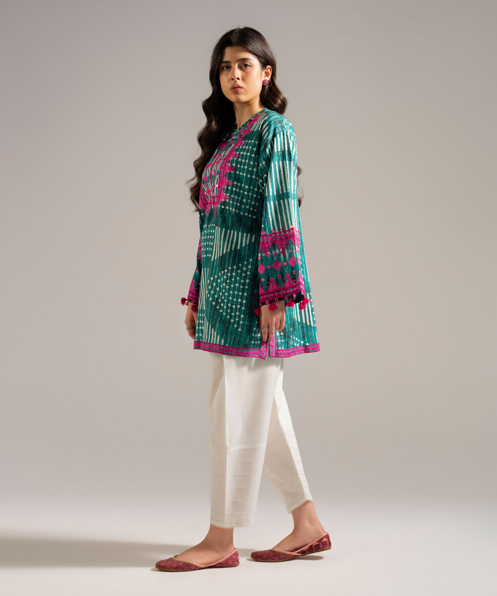 Women's RTW Dobby Embroidered Green Drop Shoulder Shirt