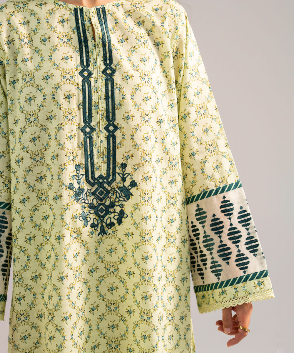 Women's RTW Dobby Embroidered Pale Green Straight Shirt