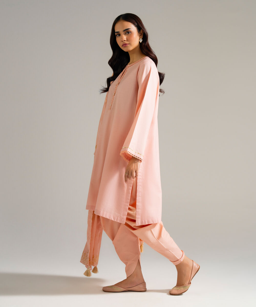 Women's RTW Slub Lawn Solid Peach 3 Piece Suit
