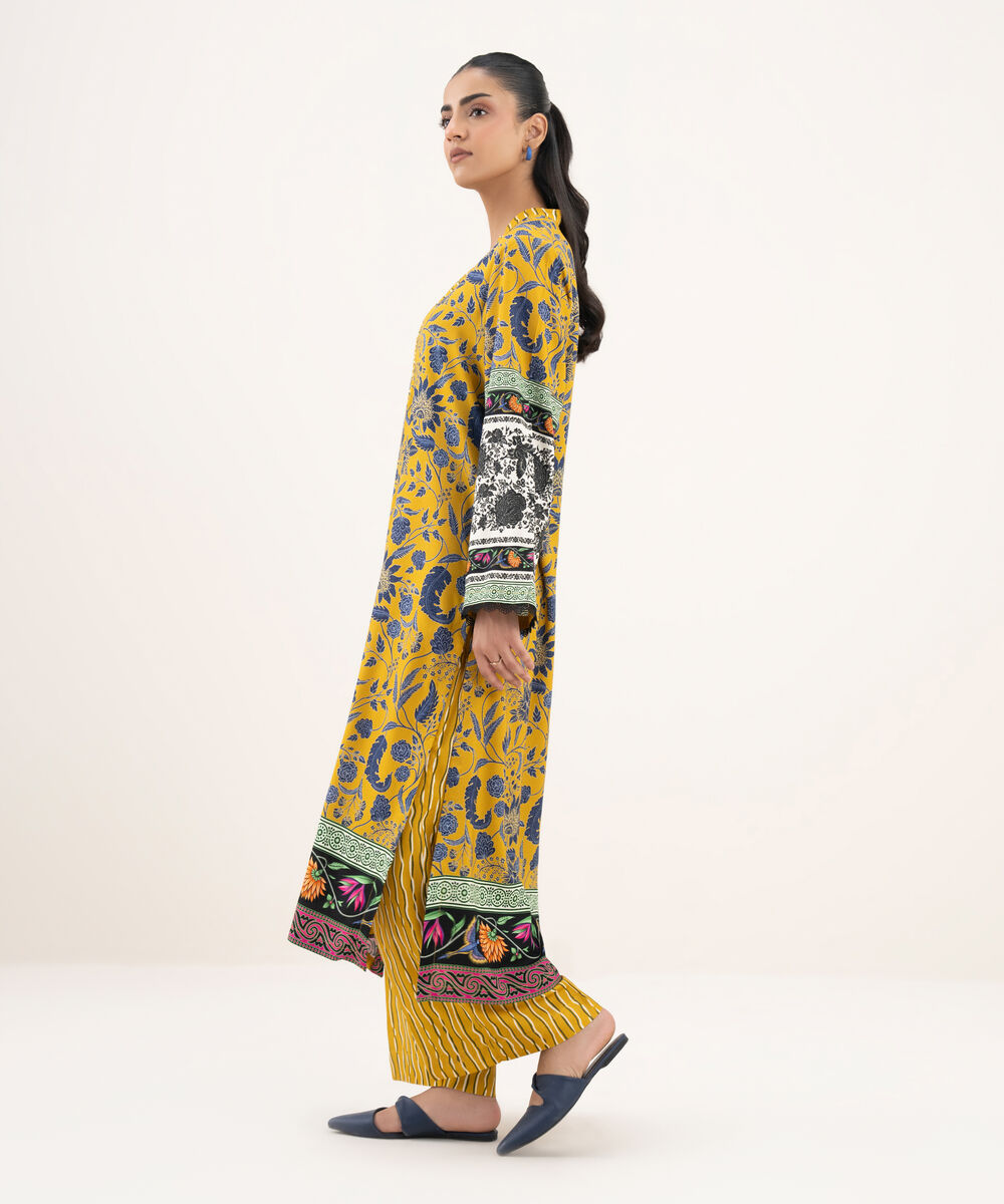 Women's RTW Viscose Linen Printed A-Line Mustard Shirt