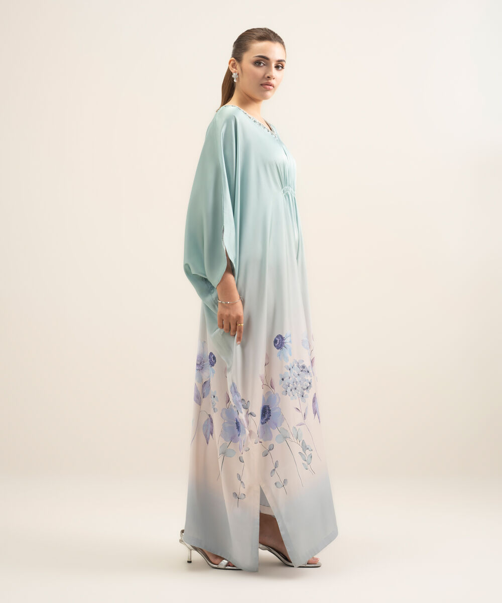 Women's RTW Blended Satin Printed Green Kaftan
