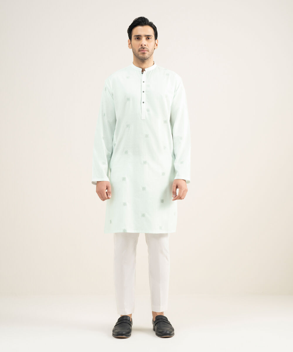 Men's Stitched Cotton Jacquard Mint Kurta