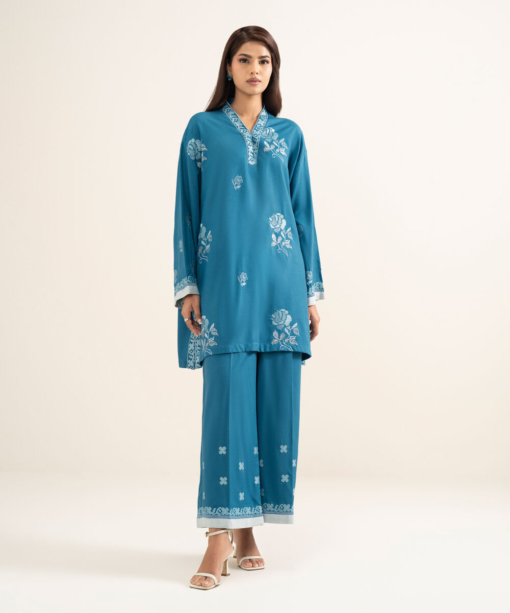 Women's RTW Cotton Viscose Embroidered Blue Drop Shoulder Shirt