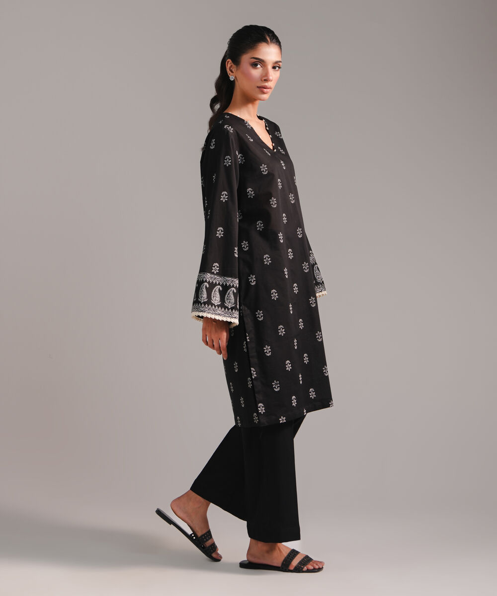 Women's RTW Lawn Printed Black Straight Shirt