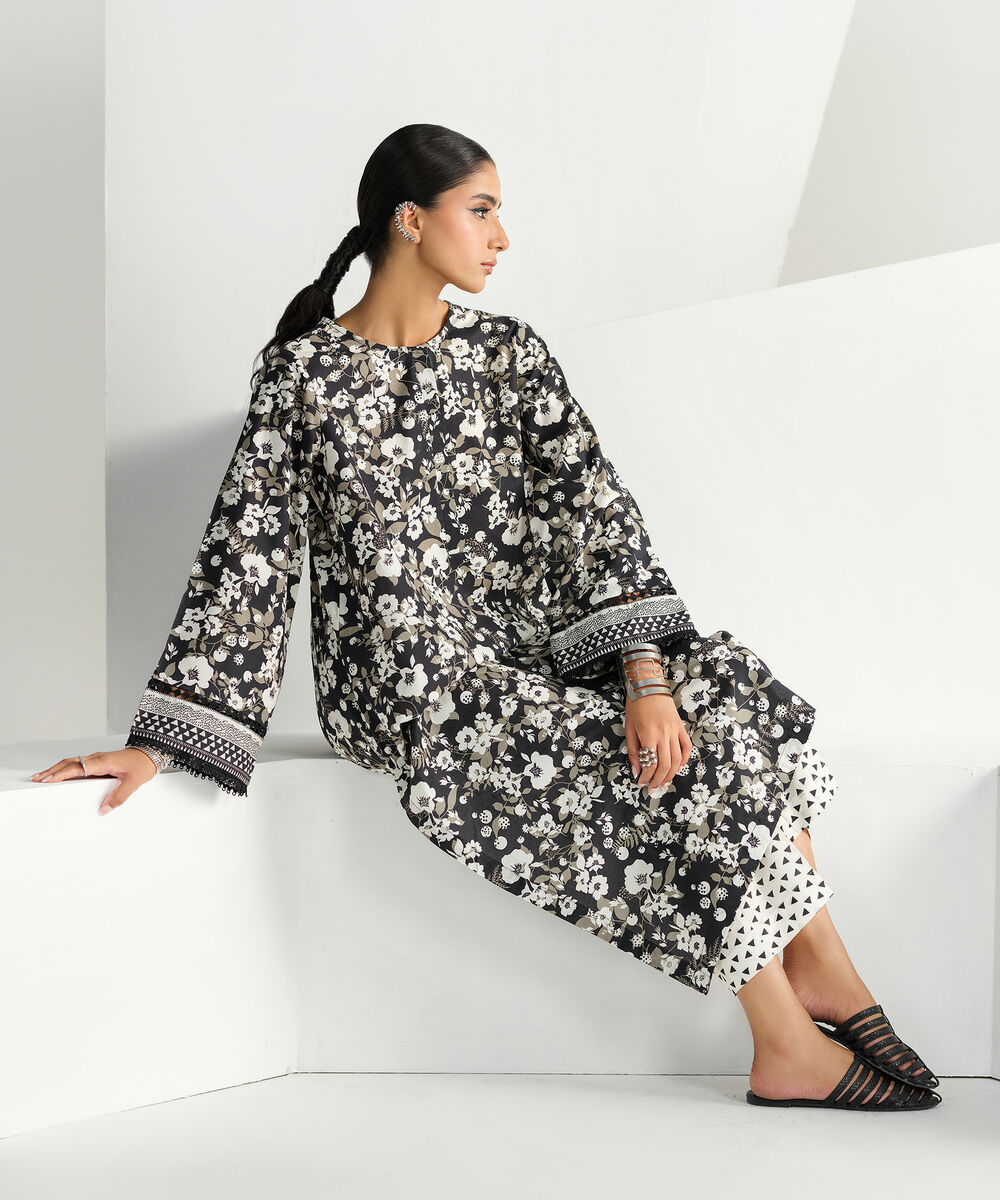 Women's RTW Cambric Black Printed A-Line Shirt