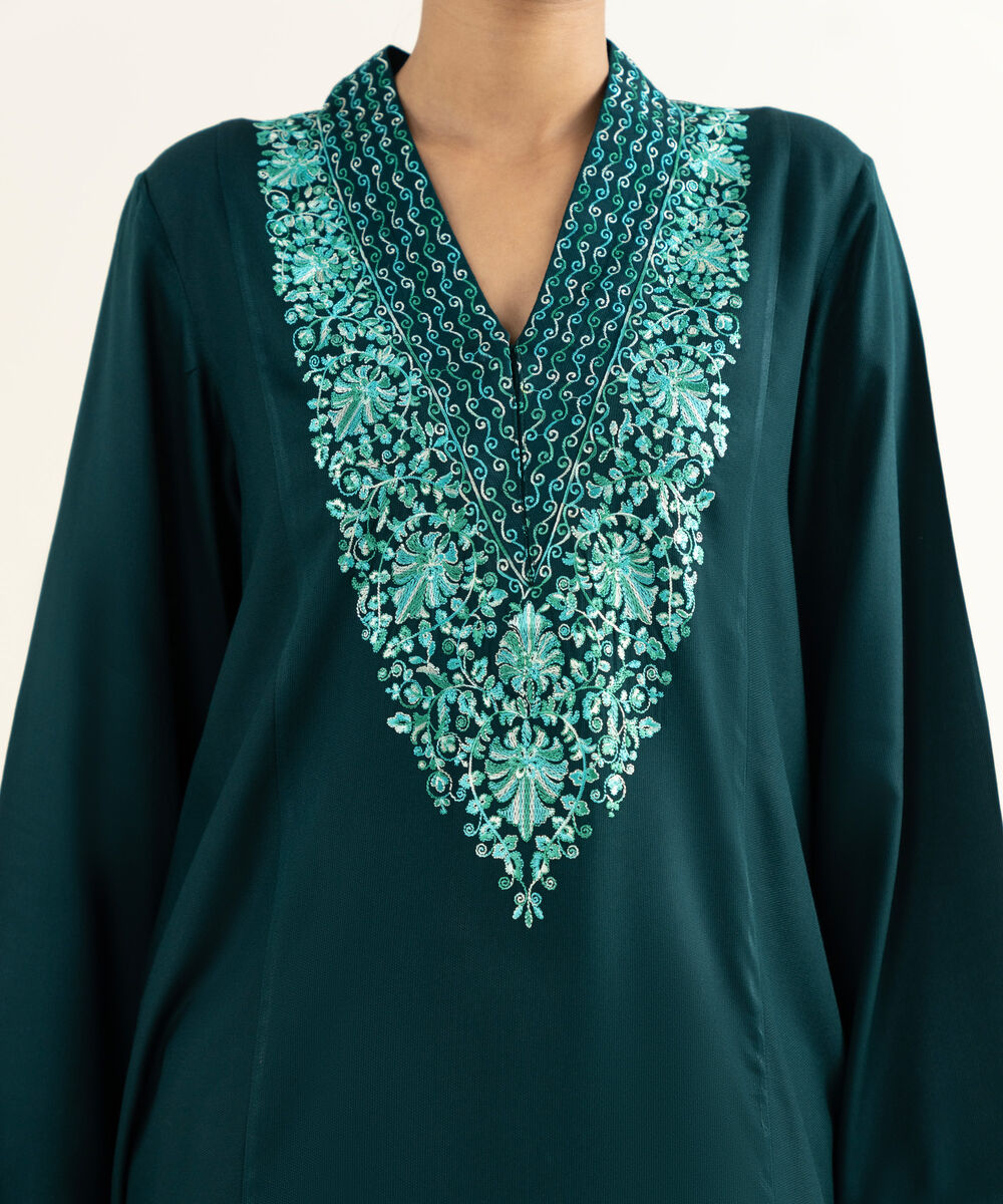 Women's RTW Linen Viscose Embroidered Teal A-Line Shirt