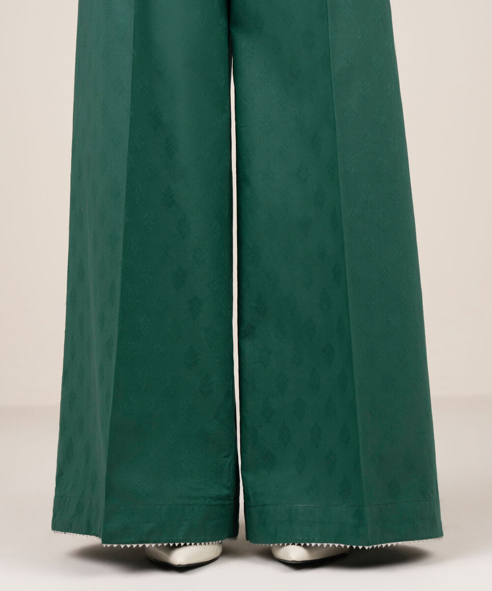 Women's RTW Self Jacquard Solid Green  Flared Pants