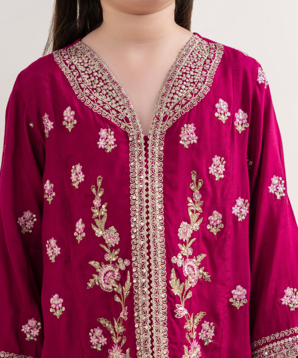 Girl's Viscose Raw Silk Pink Embroidered 2 Piece Suit