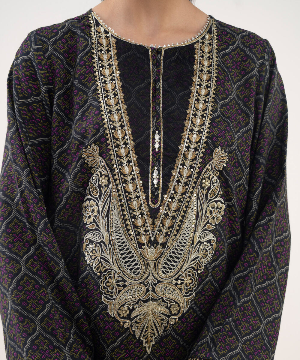 Women's RTW Textured Viscose Embroidered Black 3 Piece Suit