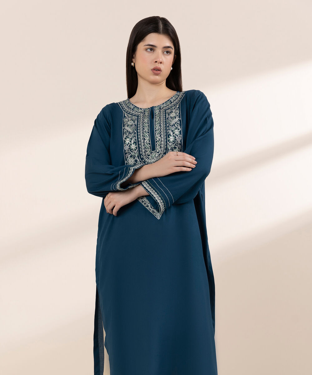 Women's RTW Arabic Lawn Blue Embroidered A-Line Shirt