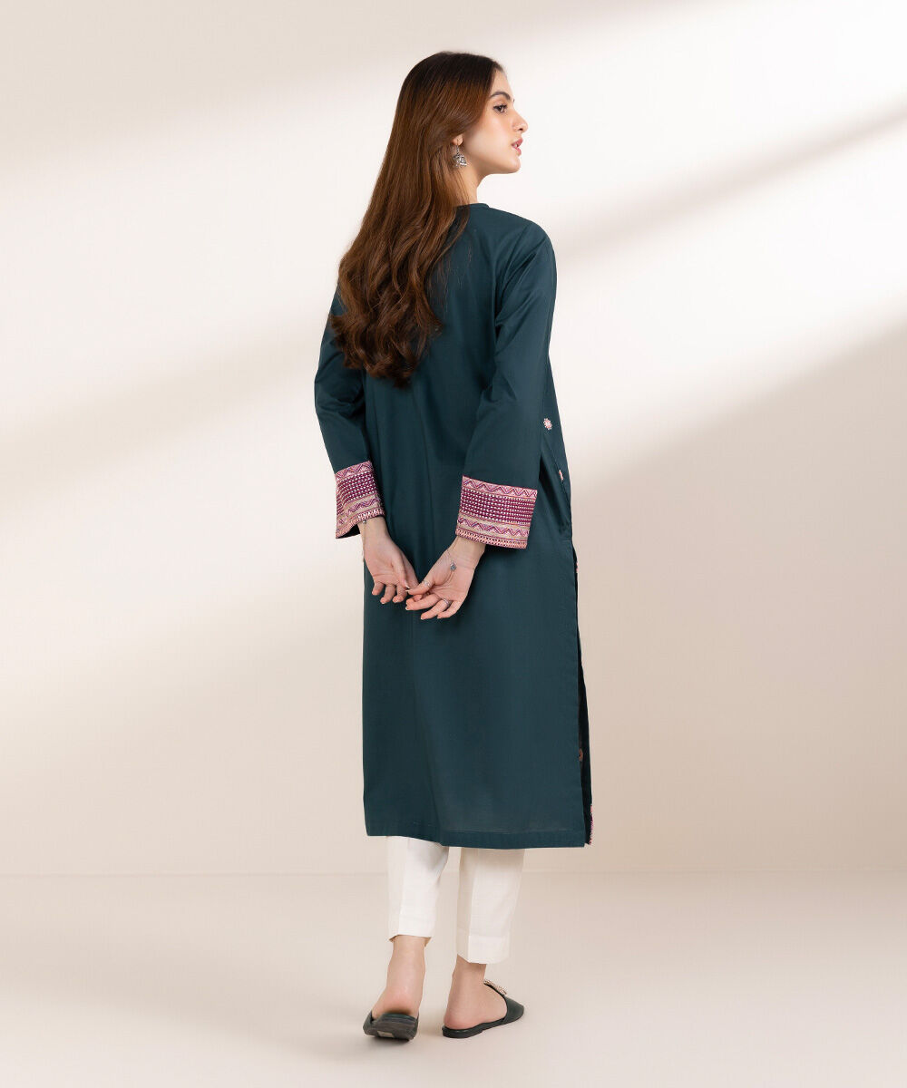 Women's Pret Cambric Green Embroidered Front Open Jacket