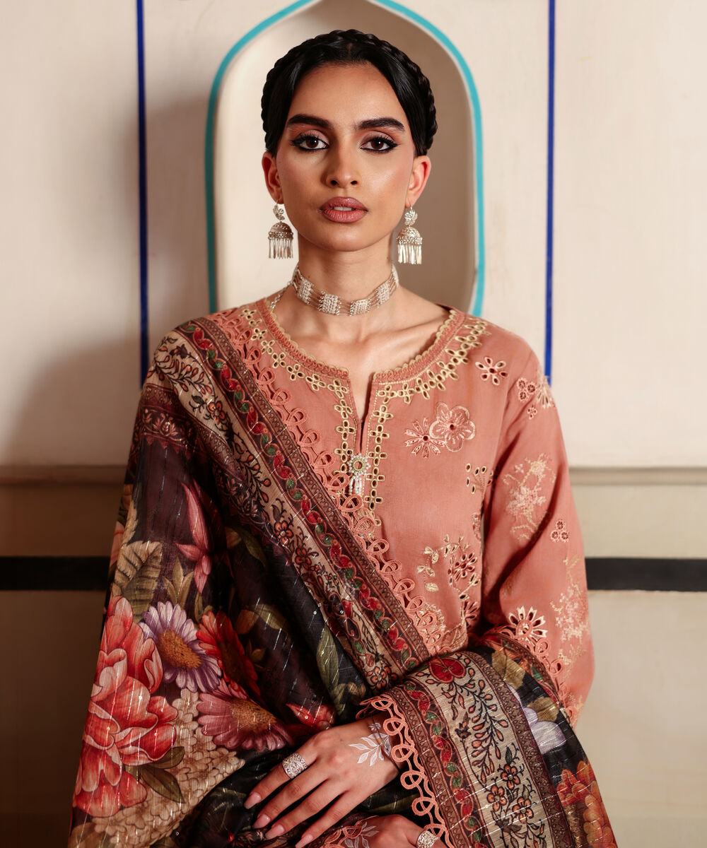 Women's RTW Self Jacquard Embroidered Blue 3 Piece Suit