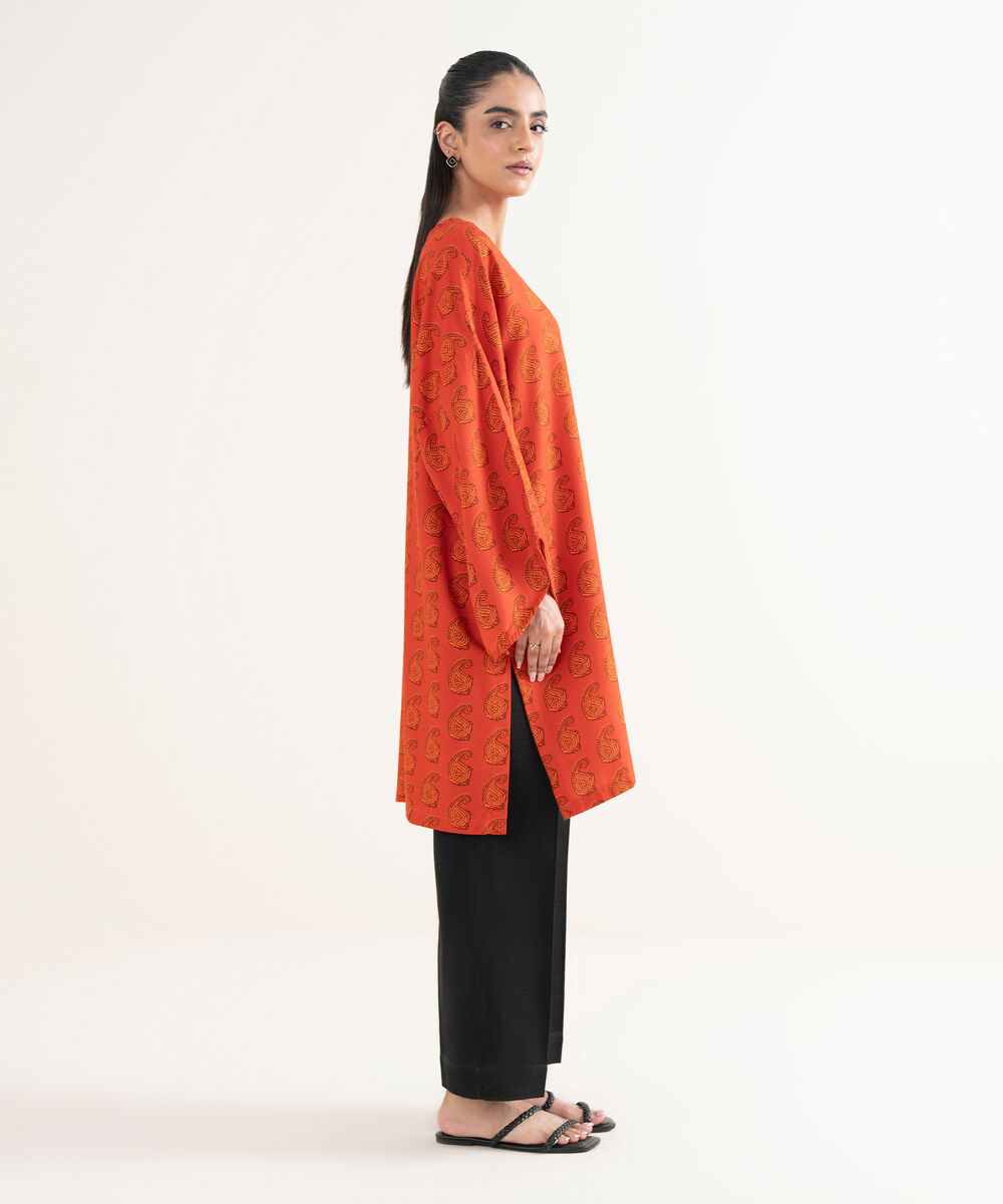 Women's RTW Textured Viscose Printed Drop Shoulder Orange Shirt