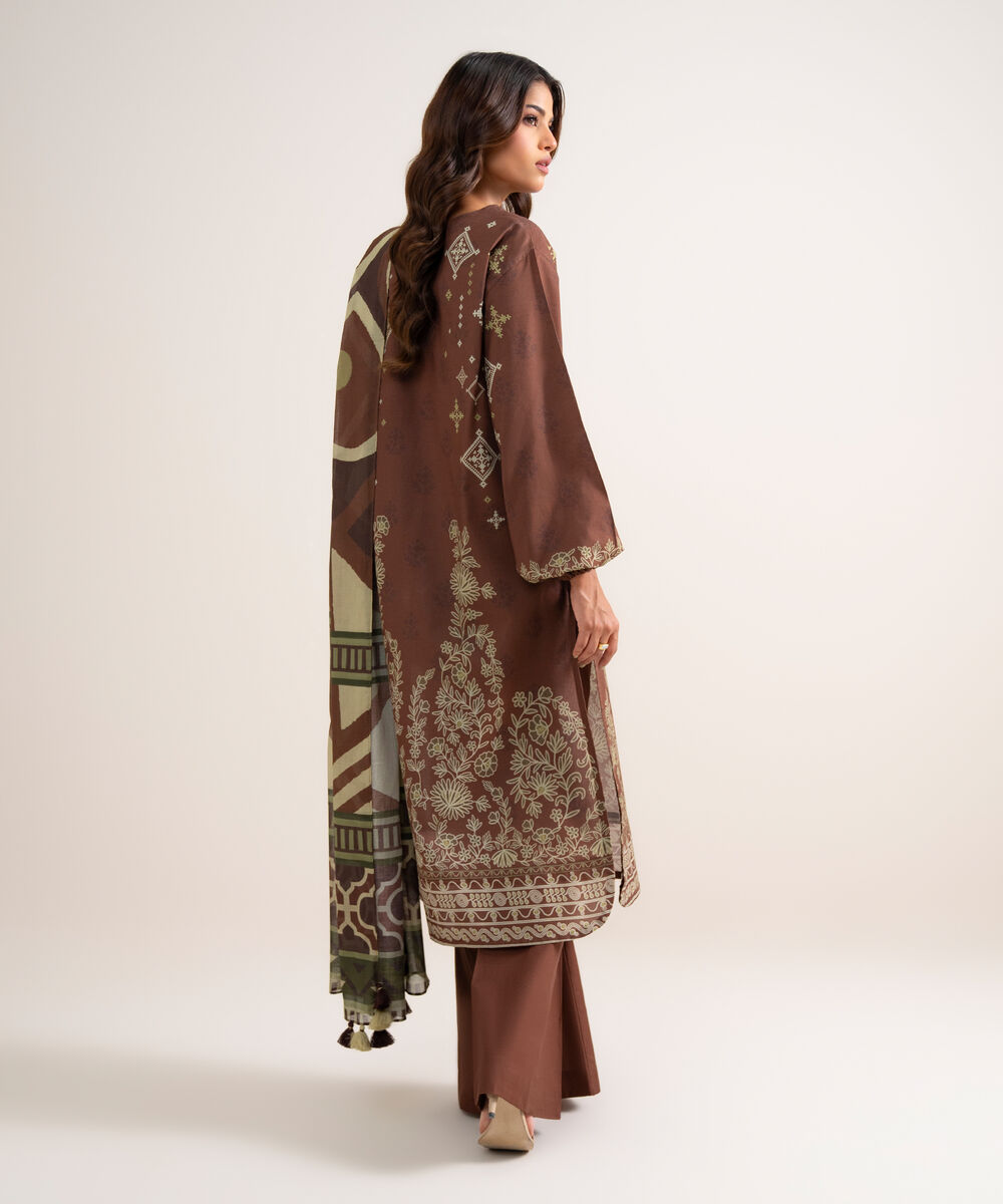 Women's Unstitched Printed Lawn Brown 3 Piece Suit