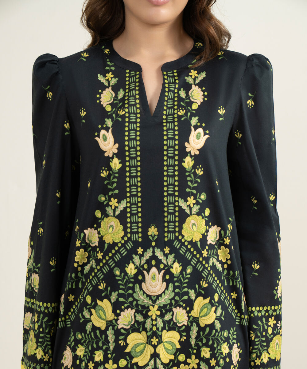 Women's RTW Cotton Viscose Printed Black Straight Shirt