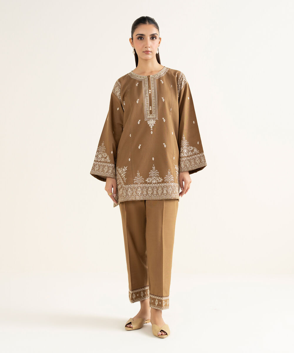 Women's RTW Khaddar Embroidered Brown Straight Shirt