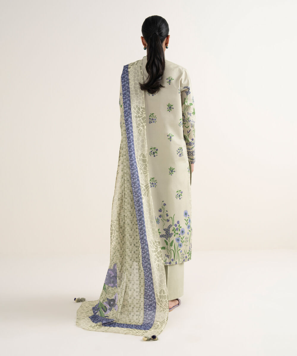 Women's Unstitched Lawn Printed Beige 3 Piece Suit