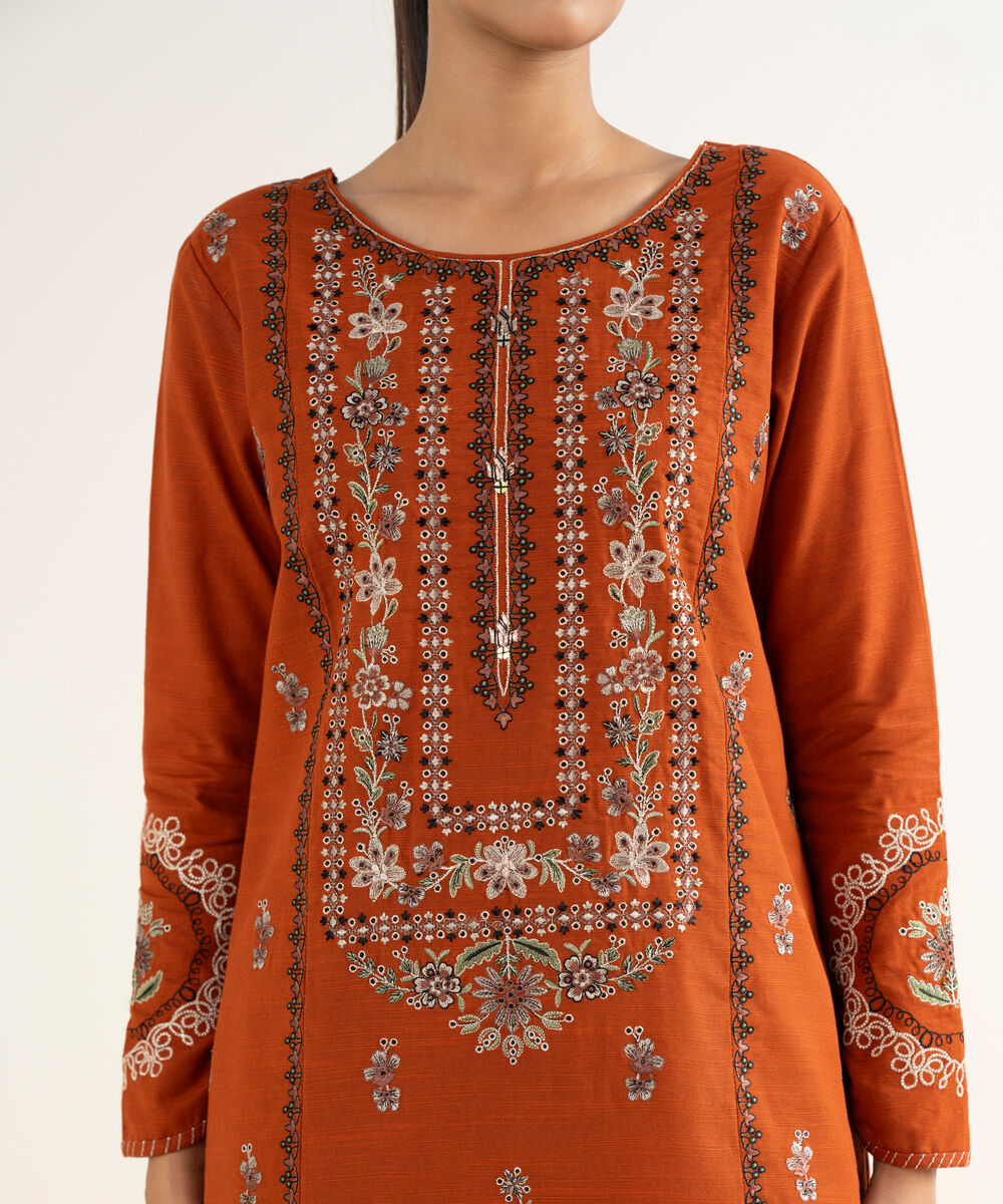 Women's Unstitched Light Khaddar Embroidered Orange 3 Piece Suit