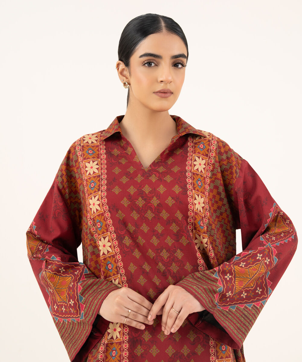 Women's Unstitched Cotton Printed Red 2 Piece Suit