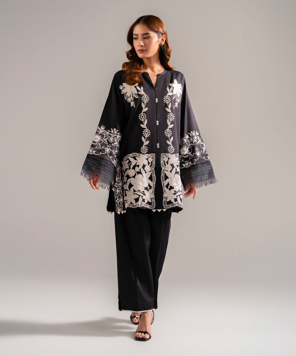 Women's RTW Cotton Satin Embroidered Black 2 Piece Suit