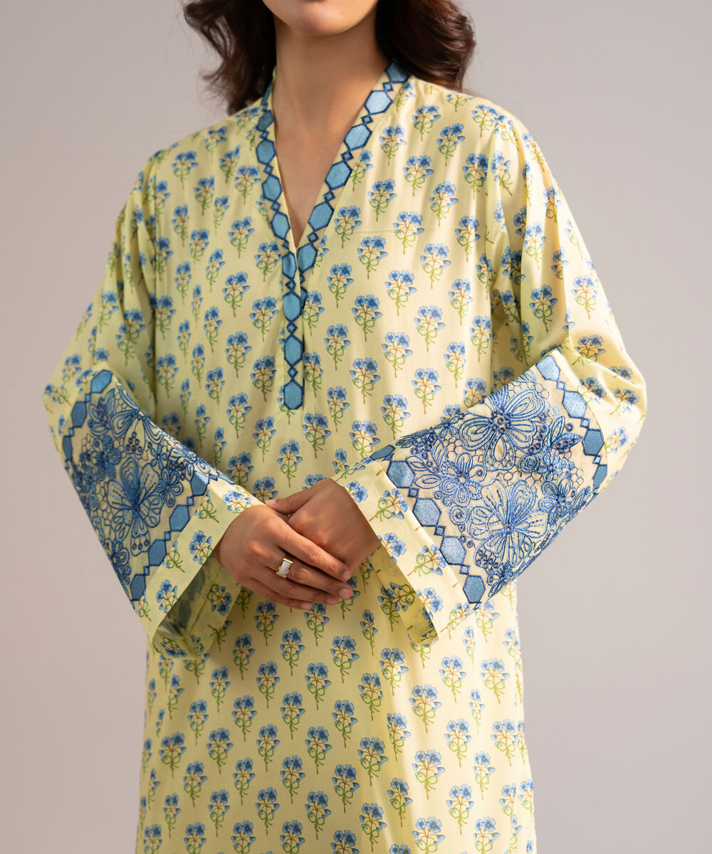 Women's RTW Lawn Embroidered Pale Yellow Straight Shirt