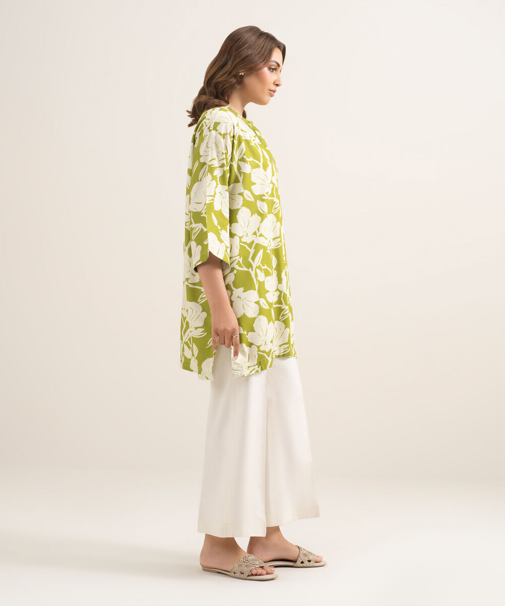 Women's RTW Arabic Cambric Printed Green Drop Shoulder Shirt