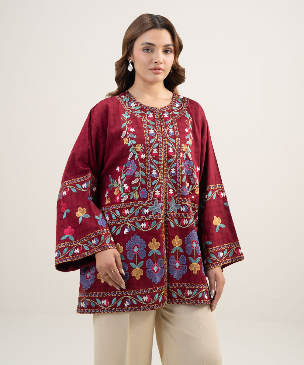 Women's RTW Dobby Embroidered Maroon Drop Shoulder Shirt