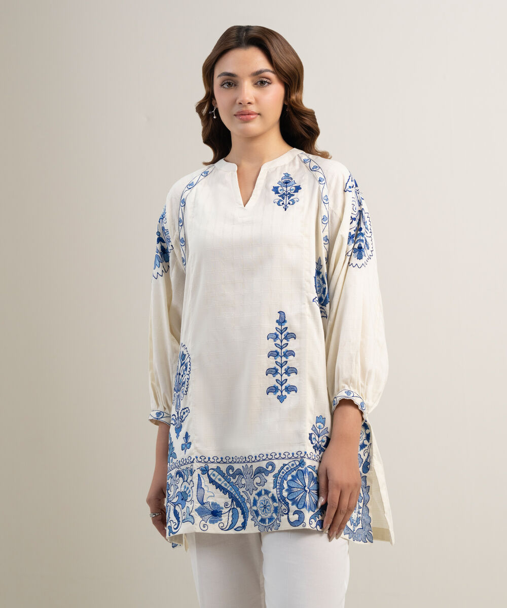Women's RTW Dobby Embroidered Off White Drop Shoulder Shirt