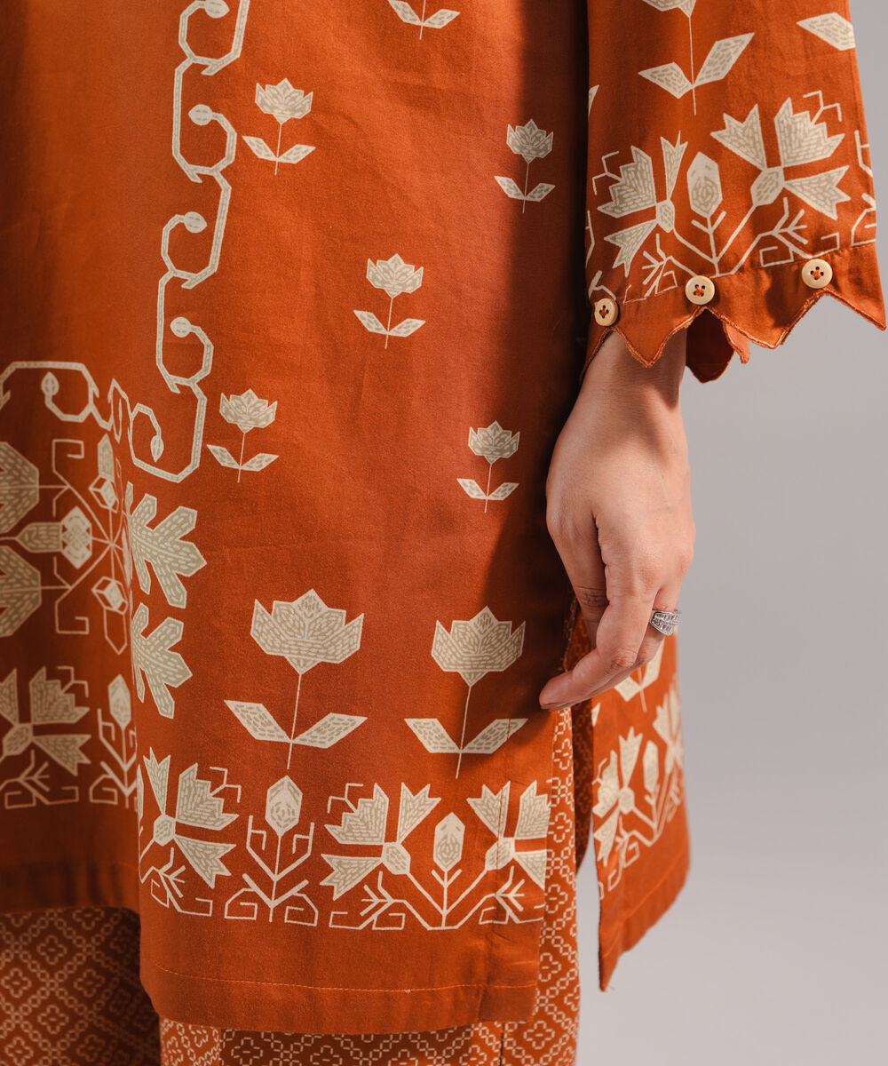 Women's RTW Cotton Satin Printed Brown Straight Shirt