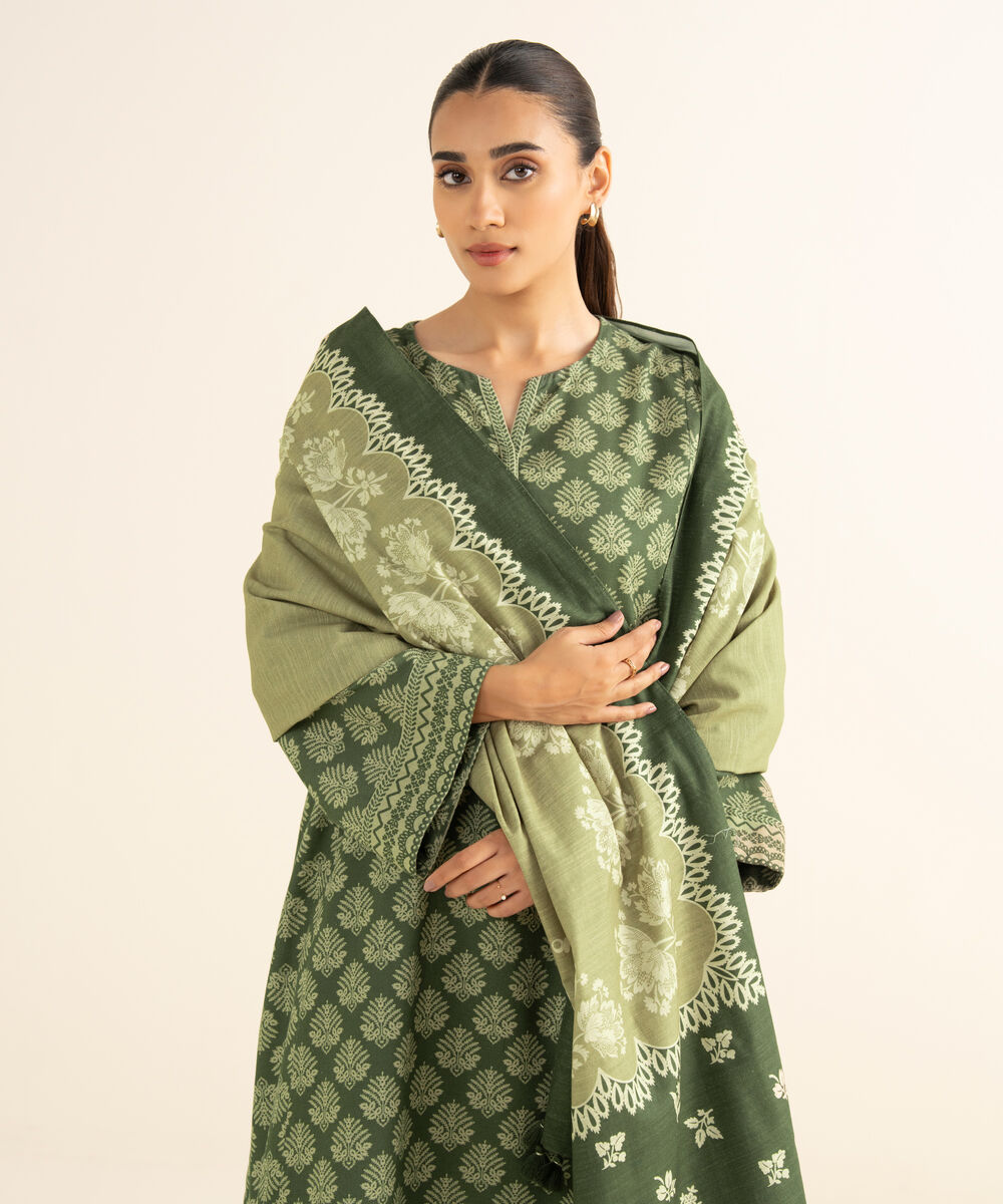 Women's Unstitched Light Khaddar Printed Green 3 Piece Suit