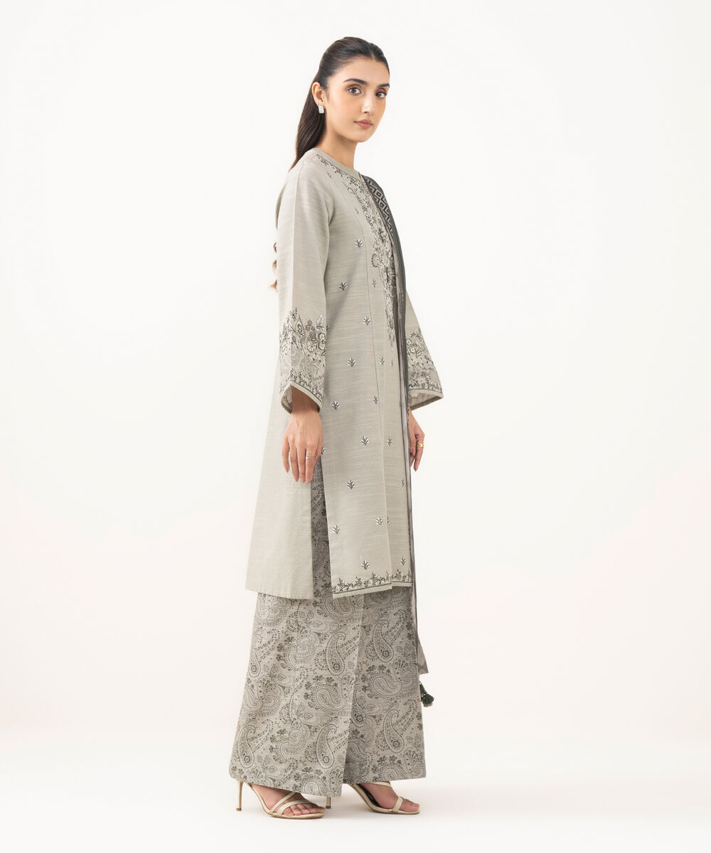 Women's Unstitched Light Khaddar Embroidered Grey 3 Piece Suit